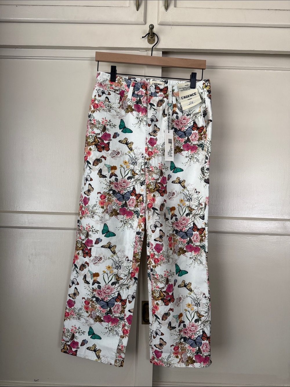 L'AGENCE White Floral & Butterfly Wide- Stovepipe Leg Pants